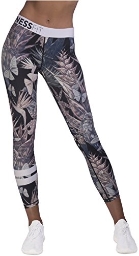 Image of NESSFIT® Women's Mid Rise Leggings - Squat Proof Gym Pants - Soft Tummy Control - Colourful Design XS S M L (X-Small, Tropical - Leggings)