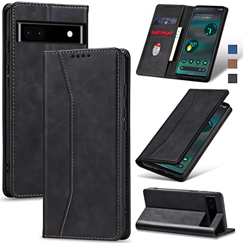 Image of Jasonyu Flip Wallet Case for Google Pixel 6A 5G,Leather Magnetic Folio Cover with Card Holder,Kickstand - TPU Shockproof Durable Protective Phone Case,Black