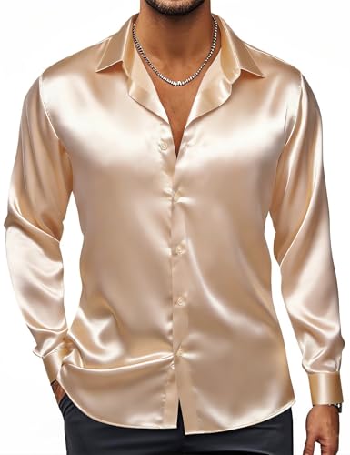 Hi-Tie Mens 70s Disco Champagne Gold Shirt Dress Shirt Silk
