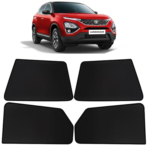 Image of OTO2EYE Car Sun Shade Compatible for Tata Harrier Model 2019 to 2023, Z-Black Fix Type Side Window Curtains, Only Half Cut in Front Window, 4 Pieces Set