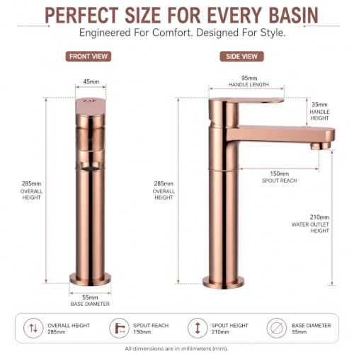 Image of ZAP Ocean Series 11-Inch Tall Brass Pillar Cock, Rose Gold Wash Basin Tap for Bathroom Sink and Vanity, Single Lever Hot or Cold Water Faucet, Rust and Leak Resistant