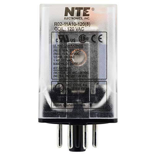 NTE Electronics R02-11A10-120 R02 Series General Purpose Multicontact AC Relay, DPDT Contact Arrangement, 10 Amp, 8 Pin Octal Plug, 120 VAC