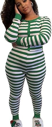 Nicoxijia Womens Sexy Deep V Neck Jumpsuit Romper Butt Flap Pajamas Bodycon Bodysuit Long Sleeve One Piece Overall Sleepwear D-Green&white, XL