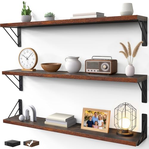 Image of BAYKA Wall Shelves for Bedroom Decor, Floating Shelves for Wall, Display Mounted Rustic Wood Shelf for Books,Plants,Corner Shelves for Bathroom,Kitchen,Living Room(Rustic Brown,36in,Set of 3)