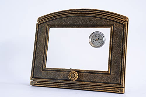 SEZAM Porte de four en fonte avec thermomètre 500 °C, ouverture à gauche, porte de four à pizza - four à pain - porte de four en pierre, 37 x 6 x 31,5 cm - semi-circulaire, or antique