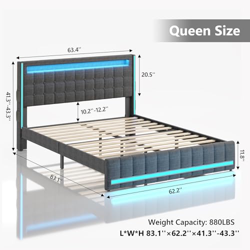 CSZZD Queen Bed Frame with Adjustable Headboard & LED Lights, Upholstered Platform Bed Frame Queen Size with Type-C & USB Charging Station, Heavy Duty Metal Bed Frame, No Box Spring Needed, Dark Grey - Thumbnail 2