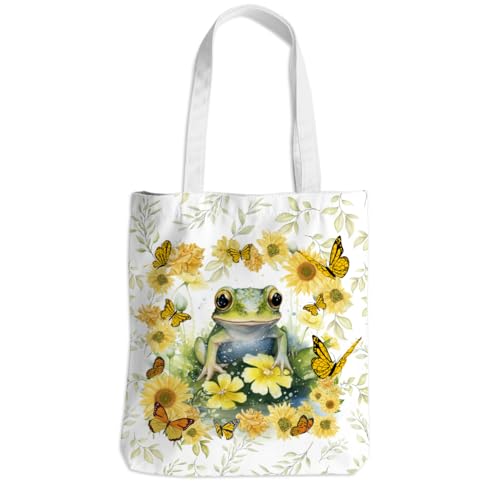 Frog Stuff Frog Decor Frog Gifts Canvas Tote Bag for Women, Friendship Christmas Birthday Gifts for Frog Lovers Girls Bestie, Cute Sunflower Shopping Tote Bag Beach Bag Travel Reusable Grocery Bags