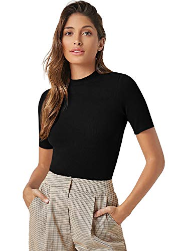Verdusa Women s Casual Basic Mock Neck Short Sleeve Rib Knit Tee Top Black S