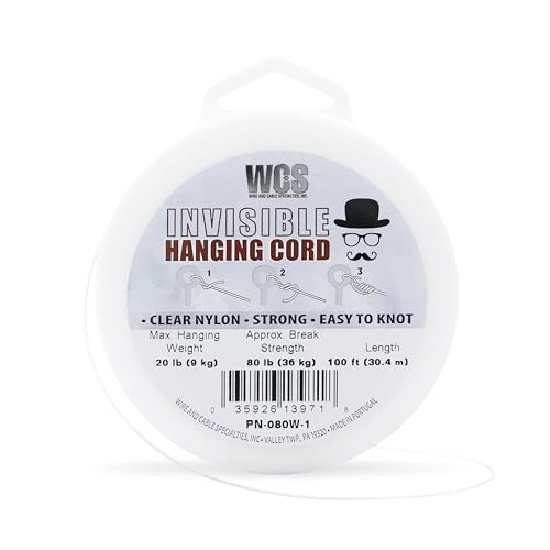 Invisible Hanging Cord Clear Nylon String for Decorations, Heavy Duty Transparent Hanging Wire Supports Up to 20 lb Picture Weight, 80 lb Break Strength, 100 ft Clear Cord for Frames, Displays & Décor