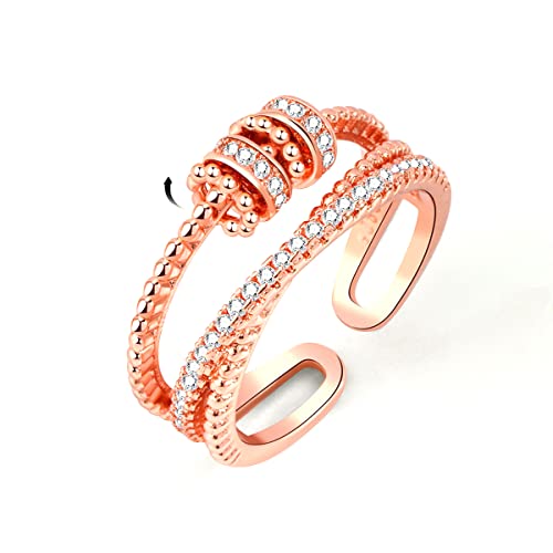 KEENL Anti Anxiety Ring for Women, Rotatable Bead Rings, Adjustable Open Finger Ring for Women Girls Stress Relief (Rose beads)