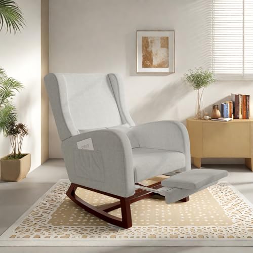 Sillón mecedora, sillón de lactancia con cojín lumbar, bolsillo lateral y reposapiés escalable, mecedora con patas de madera maciza, para dormitorio, salón, terciopelo helado (gris)