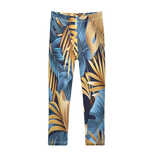 Toddler Girls Leggings Printed Yoga Pants Leggings Golden Blue Leaves for Kids