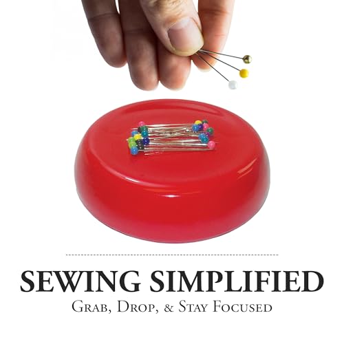 Image of Grabbit Magnetic Sewing Pincushion with 50 Plastic Head Pins - Magnet Pin Organizer for Quilting, Embroidery, Needles, Bobby Pins, & Craft Storage, Red