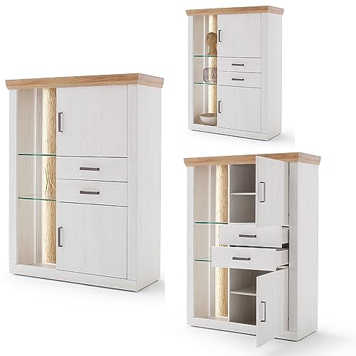 Lomadox Wohnzimmer Wohnwand mit TV Board 154cm breit, Wandregal und Higboard in Pinie weiß mit Eiche Nb., mit LED-Beleuchtung, Landhausstil, Schrankwand, Set B/H/T ca. 275/181/50 cm – Bild 4