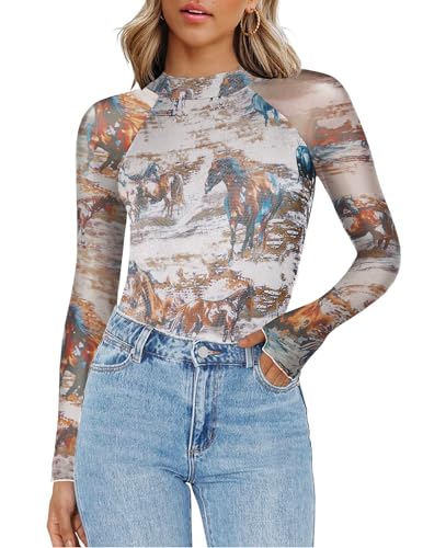Zeagoo Long Sleeve Blouses for Women Plus Size Mesh Printed Trendy Shirts Sexy Clubwear Fall Tops