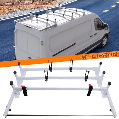 MELIPRON Van Ladder Roof Rack Fit for Ford Transit 150 250 350 Cargo Van 3 Crossbars with Rear Cargo Roller Cover