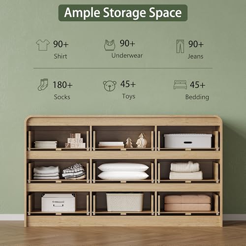 Image of 9 Drawer Dresser for Bedroom,59 inch Wide Fluted Dresser with Curved Edge and Ergonomic Handleless, Large Wooden Clothes Storage Organizer, Modern Chest of Drawers for Closet, Living Room, Natural Wood