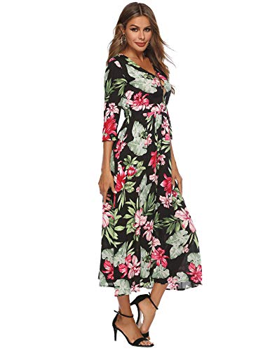 Vestido longo com estampa floral e botões, decote em V profundo, tiras para festa na praia, Preto, X