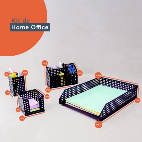 KIT PORTA DOCUMENTOS, PORTA LÁPIS, PORTA BLOCO DE ANOTAÇÕES E PORTA OBJETOS PRETO 4 PÇS - OIKOS