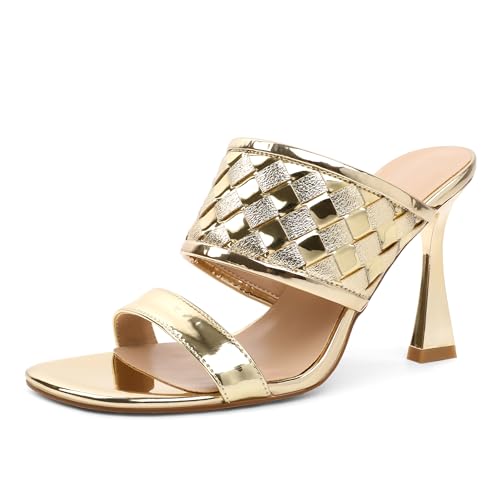 Esvowido Womens Mule Heels Square Open Toe Slip On 3.9 Inch Stiletto High Heels Mules Sandals Double Band for Party Wedding Office Date Bridal Summer Fashion