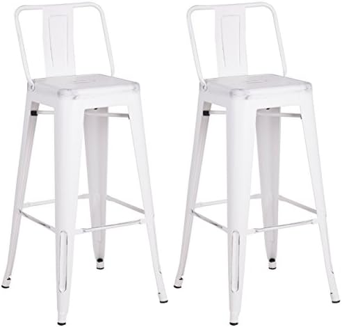 AC Pacific Modern Industrial Metal Bar Stool, Bucket Back and 4 Leg Design Ideal for Kitchen Island or Counter Top, Set of 2, 30" Seat, Distressed White
