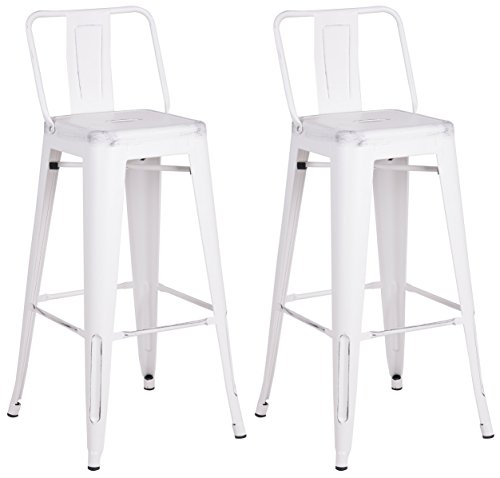 Ac Pacific Modern Industrial Metal Bar Stool, Bucket Back And 4 Leg Design Ideal For Kitchen Island Or Counter Top, Set Of 2, 30" Seat, Distressed White #TOP3