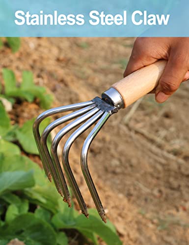 5 Tines Garden Hand Rake 14" Cultivator Claw Small Japanese Gardening Weed Tool Long Wooden Handle Heavy Duty Stainless Steel Ninja Claw For Weeding, Turning Soil, Cultivating, Combing Leaves, Digging #TOP6