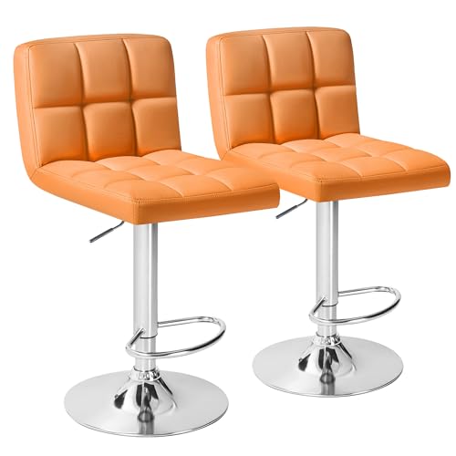 Shahoo Bar Stools Set of 2 Adjustable Height Armless Barstools Swivel Faux Leather Upholstered Kitchen Counter Stools with Mide Back and Footrest Island Barstool for Kitchen Island Bar Orange