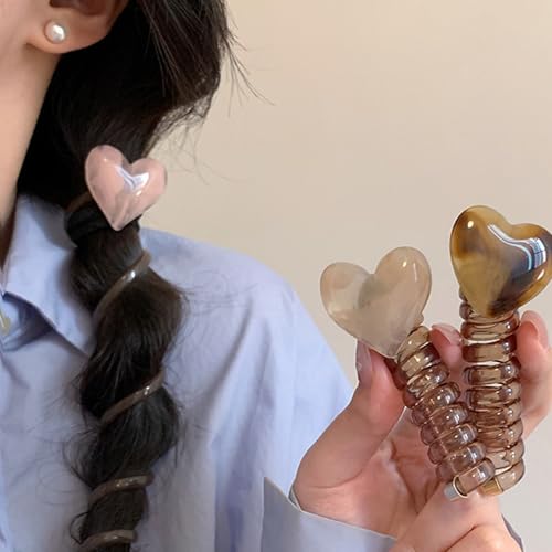 4 Piece Spiral Phone Cable Headbands, Heart Decor Phone Wire Hair Gums for Thick Hair, No Damage Coil Cable Gum, Accessories for women