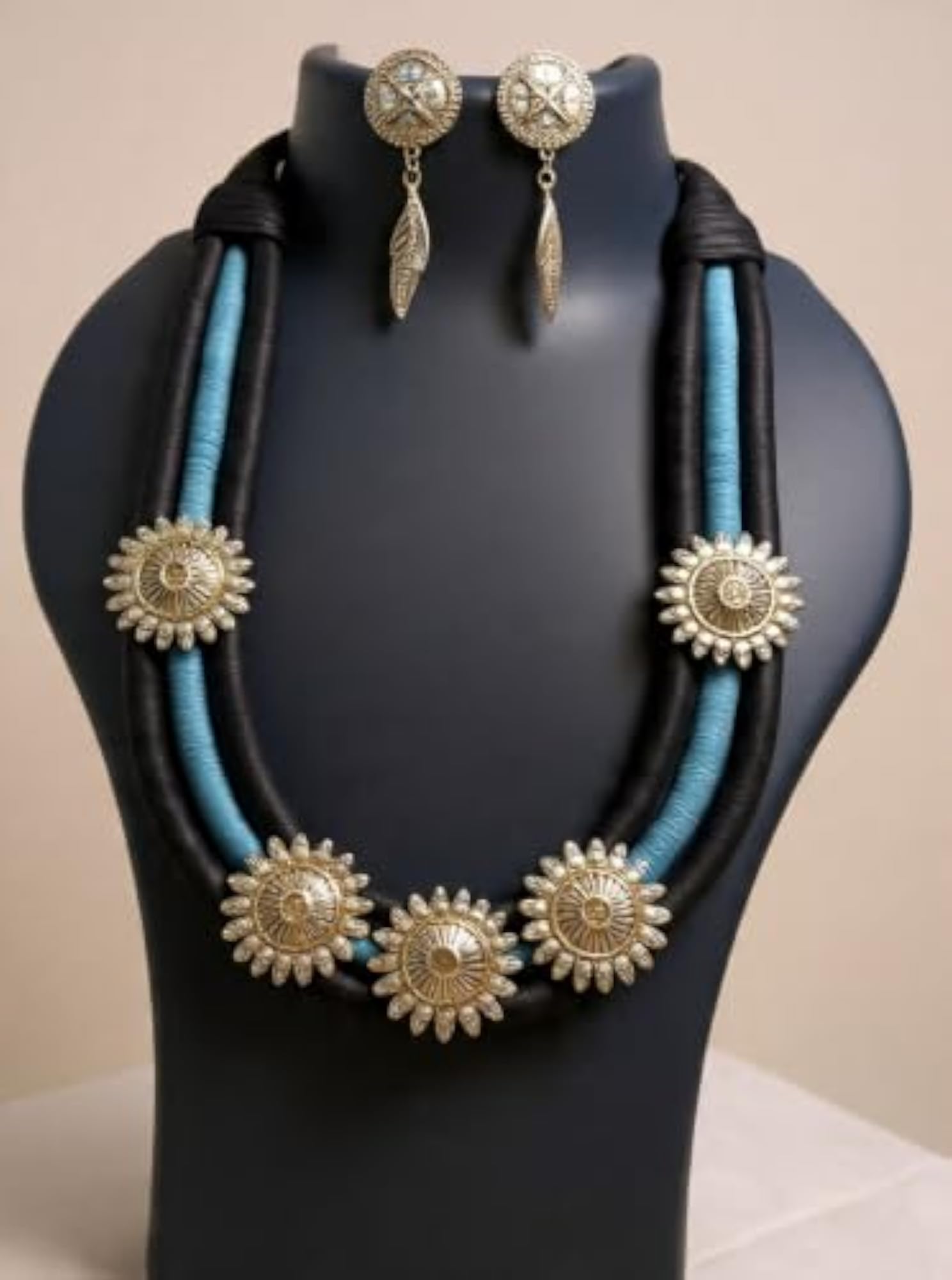 Women's Multilayered Thread Necklace Set with Silver Oxidised Flower Pendant