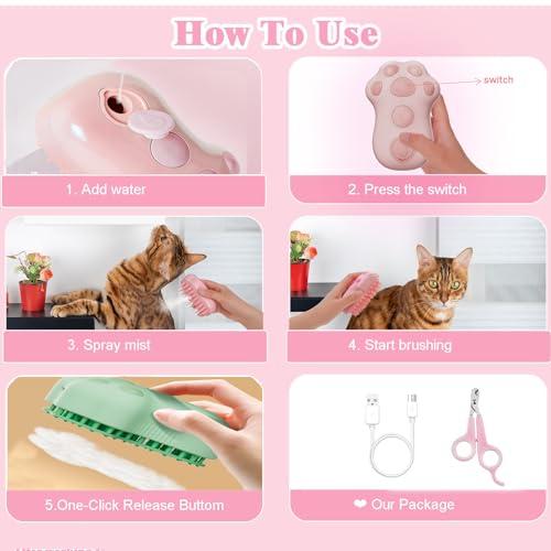 Image of Cat Steam Brush,4 in 1 Spray Cat Brush, Pets Grooming Brush for Shedding, Portable Pet Hair Removal Tool For Cats and Dogs, Pets Steamy Brush,Pink