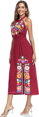 Image of Womens Mexican Floral Embroidered Halter Maxi Dress Side Slit Boho Dress | Sleeveless Halter Neck High Split, Fiesta Party Sundress, Elastic Smocked Waist, Cotton Summer Maxi Dress