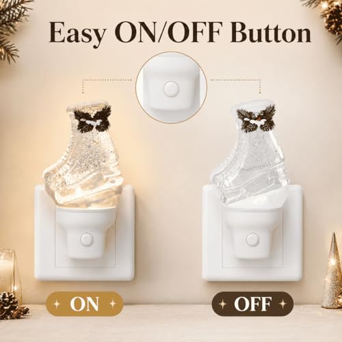 Christmas Ski Boots Ice Skate Plug in Night Light, Glitter Water Nightlight with USB Cord, Swirling Glitter LED Holiday Decor for Bedroom Kitchen Nursery Hallway Bathroom Home, Gifts for Kids Adults