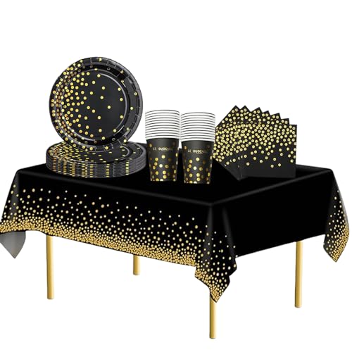 53PCS Black & Golden Dot Tableware Decorations - Disposable Party Set for Birthday & Wedding - Includes Table Cloth, Plates, Cups & Napkins