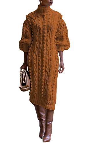 Women Puff Long Sleeve Turtleneck Maxi Sweater Dress Casual Popcorn Cable Knit Side Slit Pullover Dresses