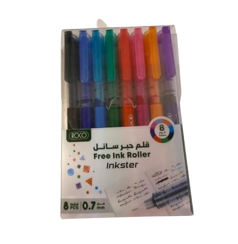 Roco Assorted Colors 0.7 mm Needle Tip Free Ink Roller Liquid Ink Pen 8-Pieces Set