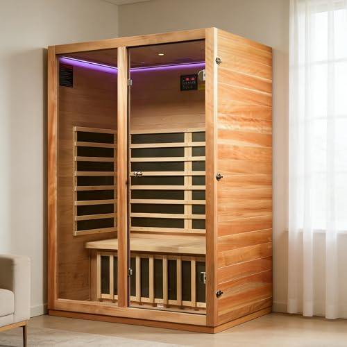 Royal Saunas Hongyuan 2 Person FAR Infrared Sauna with BT, Low EMF Indoor Personal Dry Heat Sauna for Home with Color LED Light Therapy, Safe Flame-Retardant Hemlock Wood