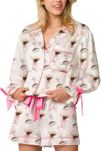 Image of Yiulangde Valentines Heart Bow Pajamas for Women Silk Satin Ruffle Shorts Pjs Tie Front Long Sleeve Shirts Pajamas with Bows