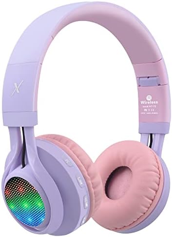 Riwbox WT-7S Bluetooth Headphones Light Up, Foldable Stero Wireless Headset with Microphone and Volume Control for PC/Cell Phones/TV/iPad (Purple)