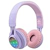 Riwbox WT-7S Kids Bluetooth Headphones Light Up, Foldable Stero Wireless Headset with Microphone and Volume Control for PC/Tablet/TV/Travel (Purple)