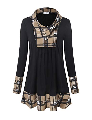 MOQIVGI Tops for Women Casual Fall Winter Long Sleeve Plaid Shirts Ladies Fashion 2020 Dressy Elegant Work Blouses Office Wear Cute Pleated Swing Tunics Apricot Black Large