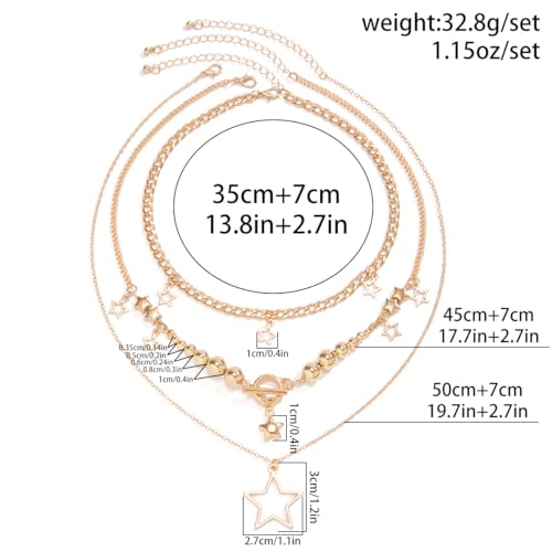 3Pcs Y2k Layered Star Pearl Necklace Sets for Women Teen Girls,14K Gold Link Chains Beaded Aesthetic Choker Necklace Party Prom Trendy Adjustable Jewelry3