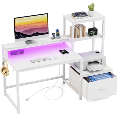 Image of GreenForest Computer Desk with Drawers and Monitor Stand, Home Office Desk with Storage Shelves, Small Gaming Desk with Power Outlets and LED Lights for Study Writing Working, 51 inch White