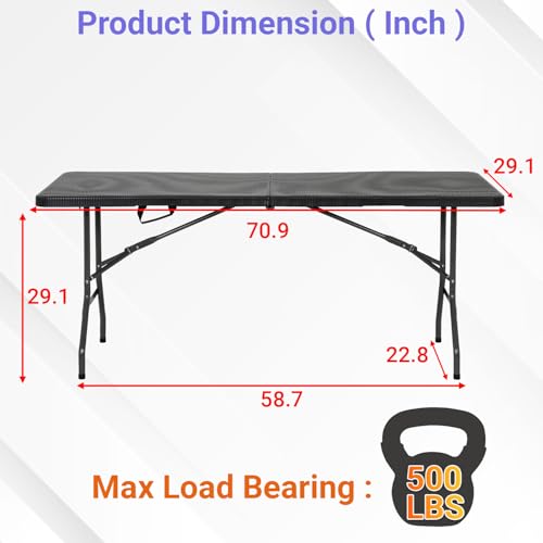 Image of FDW 6FT Folding Table, Portable Fold-in-Half Plastic Picnic Party Table with Carrying Handle (Black Ratten, 6FT)