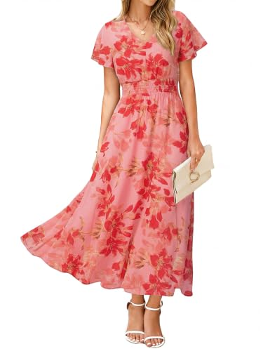 Image of Simplee Womens Floral Maxi Dress - Short Sleeve Summer Boho Wedding Guest Dress Empire Waist Chiffon Modest Midi Dresses