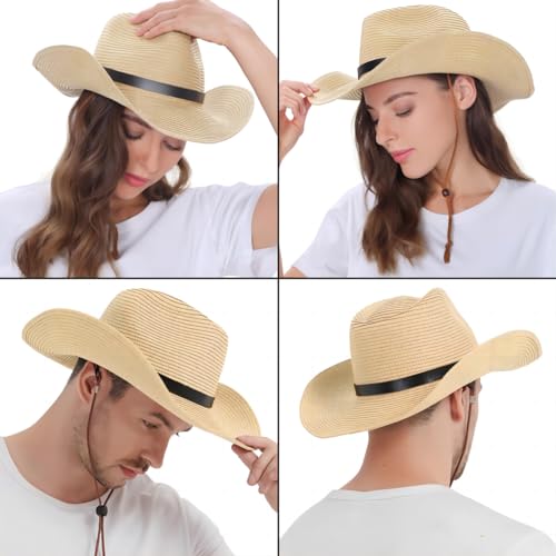 Image of Adjustable Straw Cowboy Hat, Western Cowgirl Sun Hat for Outdoor | Fits Large Heads for Men & Women, Detachable Chin Strap, Shapeable Wide Brim, Breathable & Lightweight