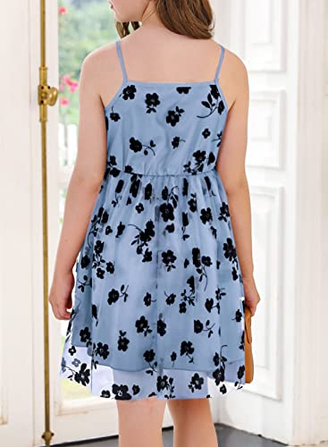 Blibean Girls Summer Boho Dresses Tween Kid Sleeveless Semi Formal Outfits Floral Mesh Bow Strap Sundress Clothes Dressy Party Clothing Size 9-10 Years Old Sky Blue #TOP4