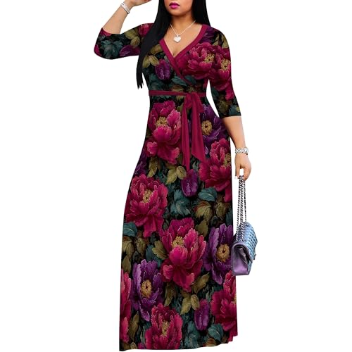 Image of PinkPatty Plus Size Maxi Dresses for Women Casual Flowy Long Dress 3 /4 Sleeve V Neck Wrap Dress with Belt