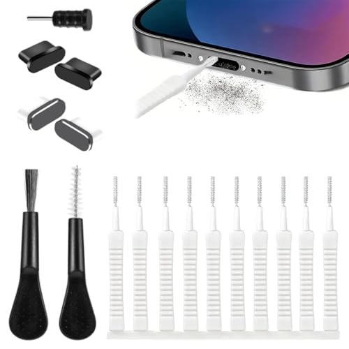 YAYNO 17 Kit de Nettoyage USB & Type-C pour Téléphone Brossettes pour Ports et Haut-parleurs Bouchons Anti-Poussière en Métal Brosse pour Écouteurs & Capuchons de Protection