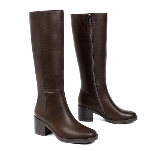 Image of Easyfox Womens Knee High Boots Chunky Low Heel Round Toe Tall Long Boots | Balanced Low Block Heel, Roomy Round Toe, Anti-slip Rubber Outsole, Fashion Heeled Dressy Fall Winter Long Boots for Women